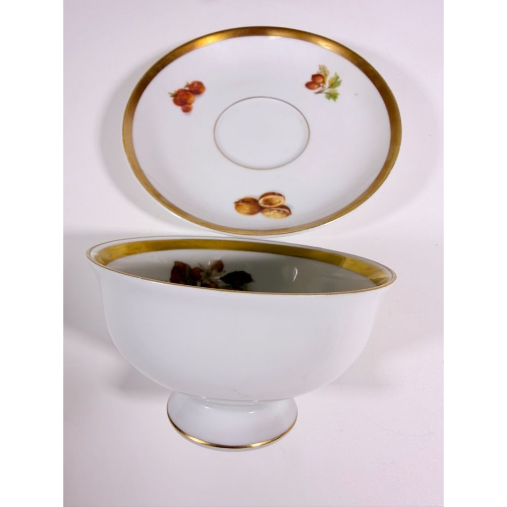 Footed Cup & Saucer Set Golden Crown Harvest E & R Bravaria Fine Bone Replacement China Vintage Floral Hand Painted Bravarian Fruit
