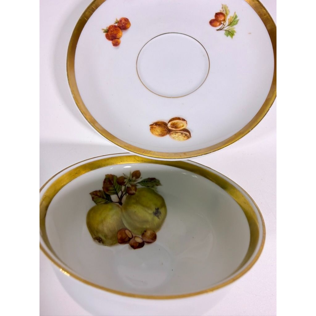 Footed Cup & Saucer Set Golden Crown Harvest E & R Bravaria Fine Bone Replacement China Vintage Floral Hand Painted Bravarian Fruit