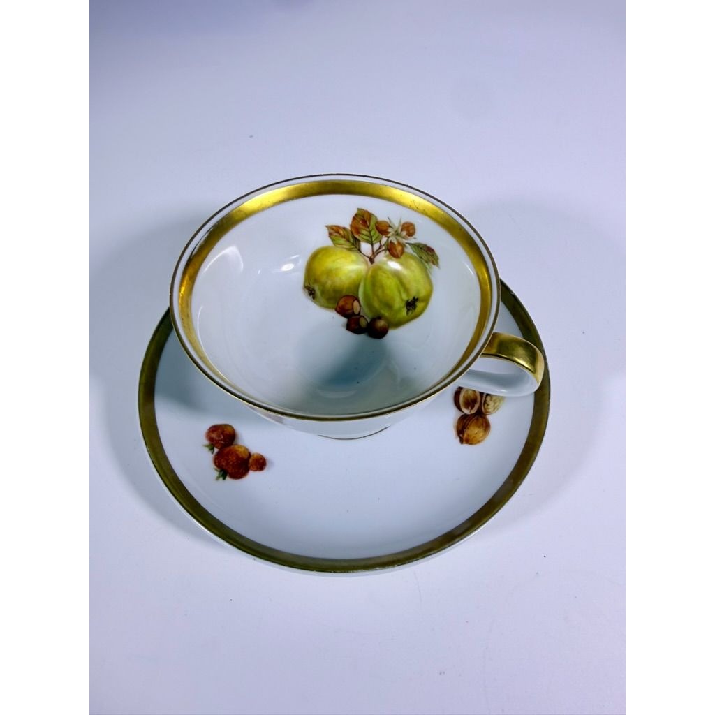 Footed Cup & Saucer Set Golden Crown Harvest E & R Bravaria Fine Bone Replacement China Vintage Floral Hand Painted Bravarian Fruit