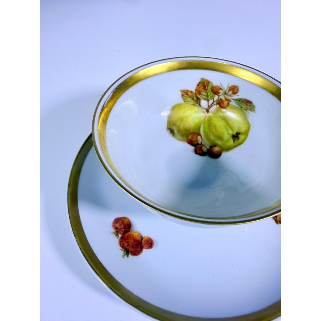 Footed Cup & Saucer Set Golden Crown Harvest E & R Bravaria Fine Bone Replacement China Vintage Floral Hand Painted Bravarian Fruit