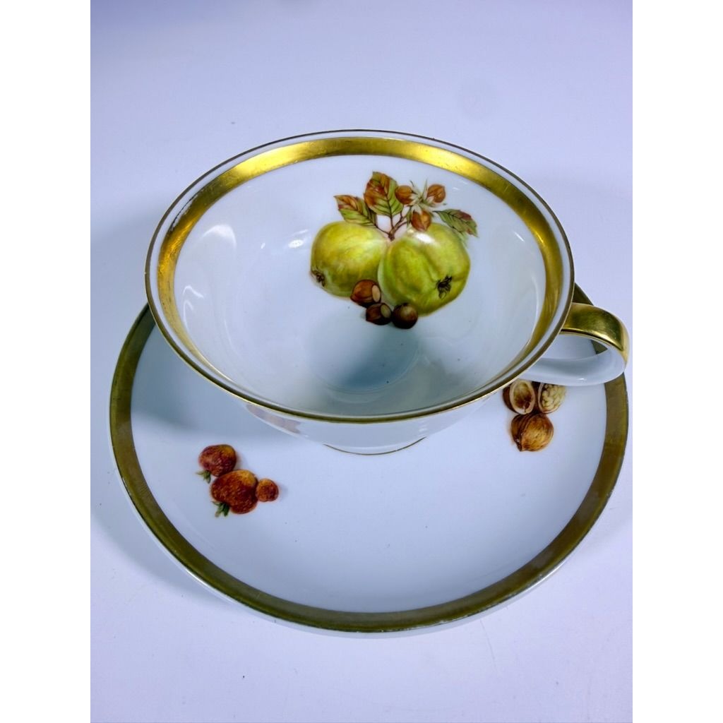 Footed Cup & Saucer Set Golden Crown Harvest E & R Bravaria Fine Bone Replacement China Vintage Floral Hand Painted Bravarian Fruit