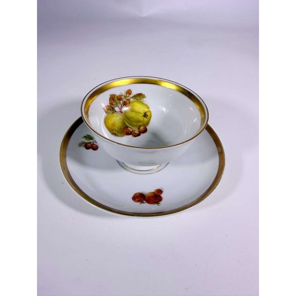 Footed Cup & Saucer Set Golden Crown Harvest E & R Bravaria Fine Bone Replacement China Vintage Floral Hand Painted Bravarian Fruit