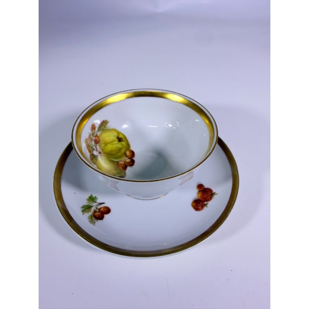 Footed Cup & Saucer Set Golden Crown Harvest E & R Bravaria Fine Bone Replacement China Vintage Floral Hand Painted Bravarian Fruit