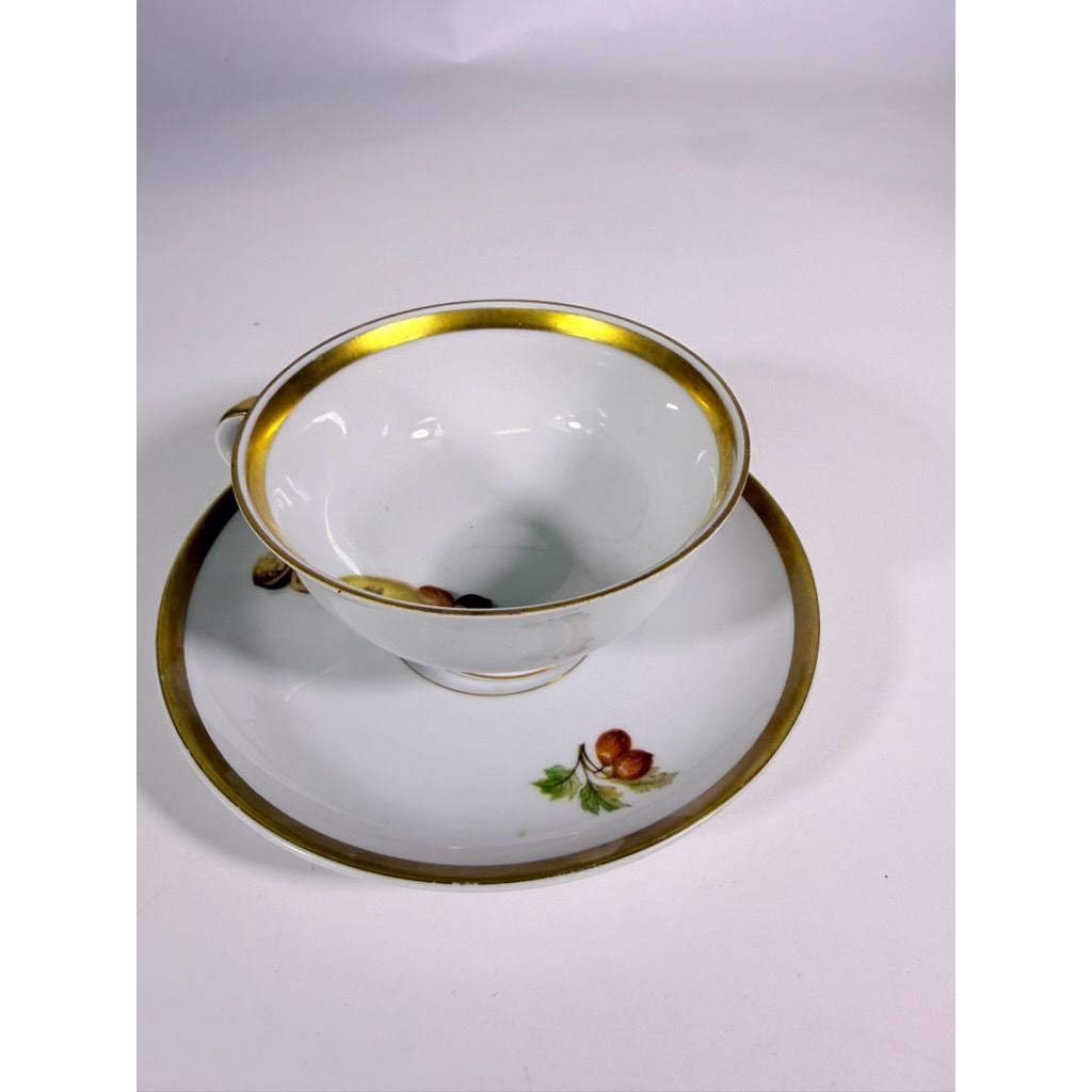 Footed Cup & Saucer Set Golden Crown Harvest E & R Bravaria Fine Bone Replacement China Vintage Floral Hand Painted Bravarian Fruit