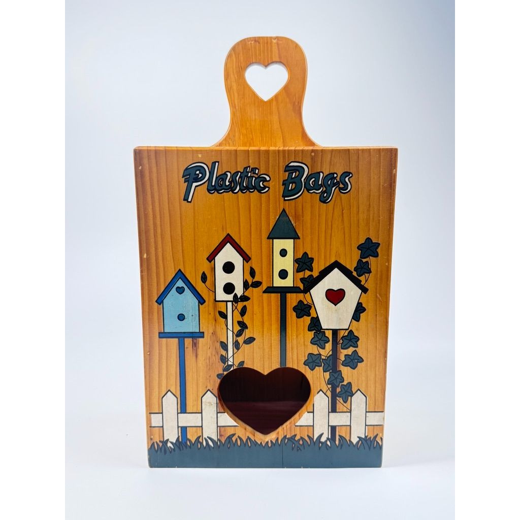 Vintage Hand Painted Wooden Plastic Bag Storage Box Wall Hung Bird House Feeder Garden Design Country Farmhouse Cottage Granny Decor