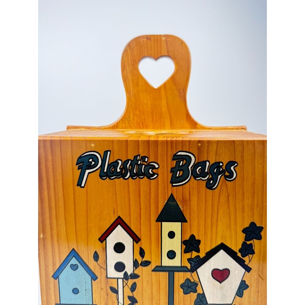 Vintage Hand Painted Wooden Plastic Bag Storage Box Wall Hung Bird House Feeder Garden Design Country Farmhouse Cottage Granny Decor