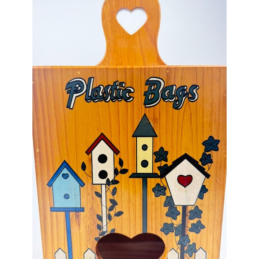 Vintage Hand Painted Wooden Plastic Bag Storage Box Wall Hung Bird House Feeder Garden Design Country Farmhouse Cottage Granny Decor