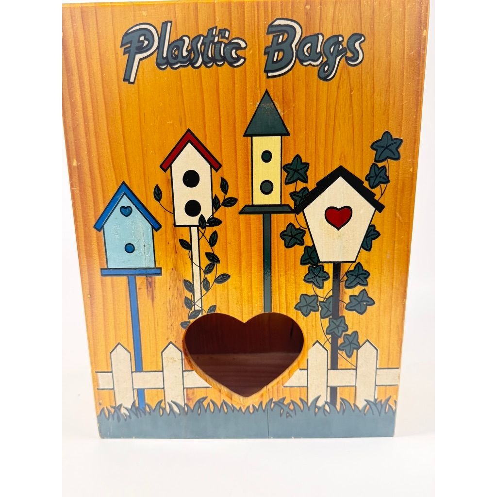 Vintage Hand Painted Wooden Plastic Bag Storage Box Wall Hung Bird House Feeder Garden Design Country Farmhouse Cottage Granny Decor