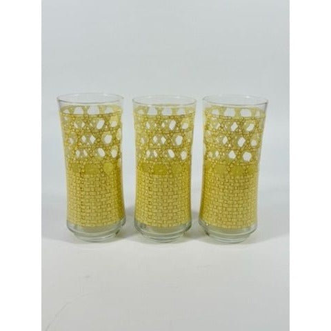 Drinking Ice Tea Water Glasses Set 3 Libbey Woven Cane Rattan Bamboo Vintage Retro Glass Tumblers Coastal Grandma Replacement Glassware