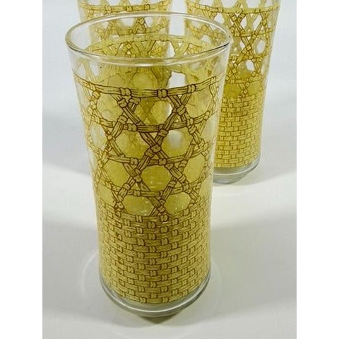 Drinking Ice Tea Water Glasses Set 3 Libbey Woven Cane Rattan Bamboo Vintage Retro Glass Tumblers Coastal Grandma Replacement Glassware