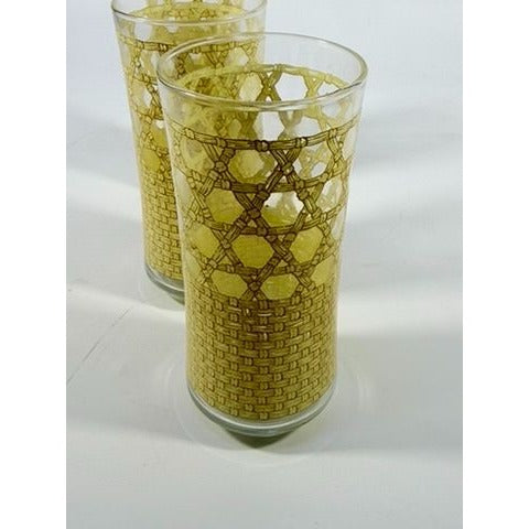 Drinking Ice Tea Water Glasses Set 3 Libbey Woven Cane Rattan Bamboo Vintage Retro Glass Tumblers Coastal Grandma Replacement Glassware