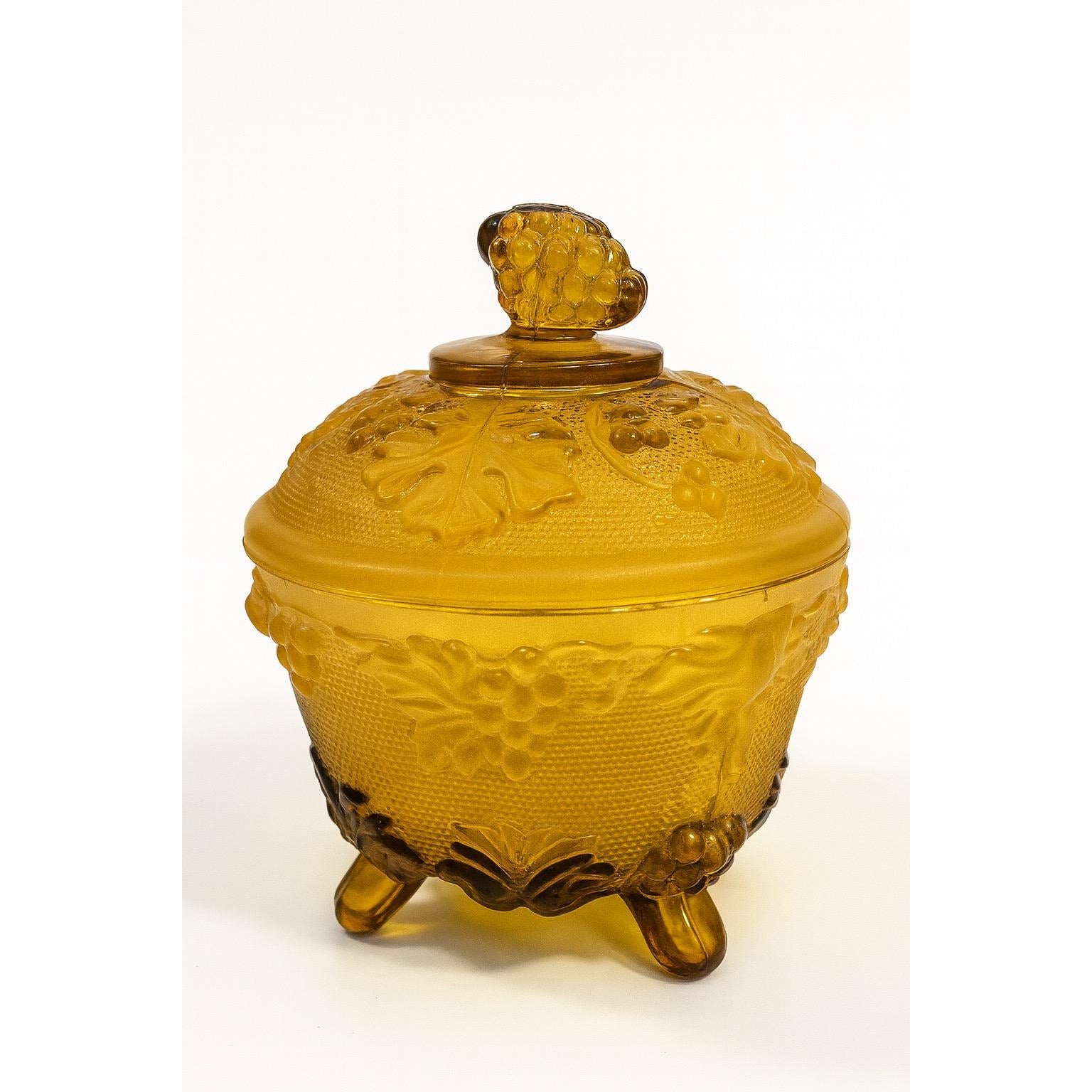 Amber Footed Sugar Candy Dish Jeanette Glass Harvest Grapes and Leaves Covered Dish Orange Glassware Vintage Home Decor Decorative Repoussé