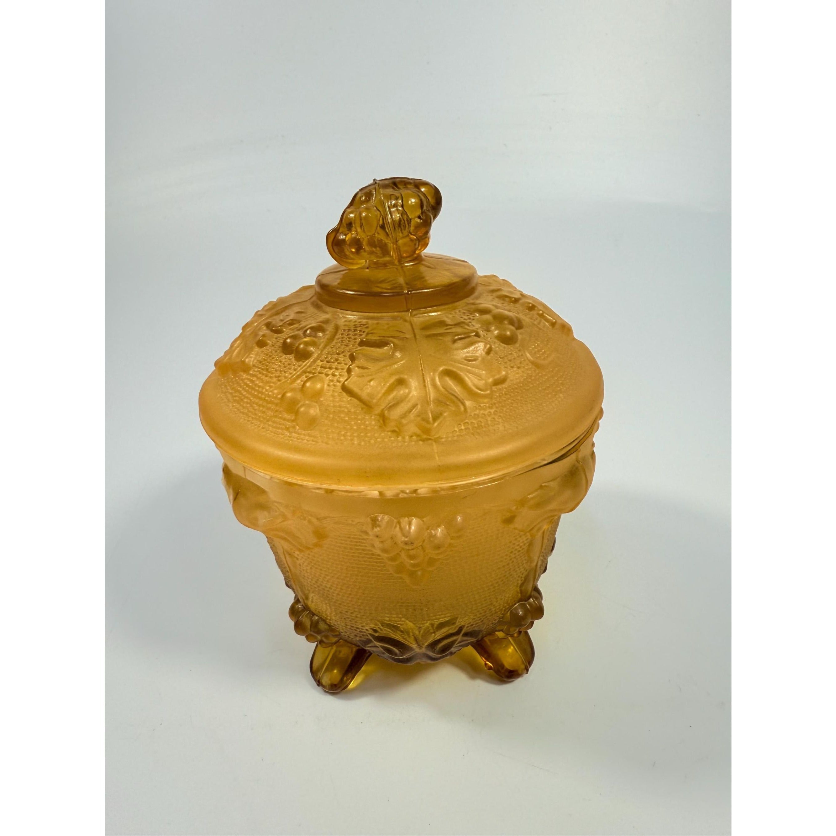 Amber Footed Sugar Candy Dish Jeanette Glass Harvest Grapes and Leaves Covered Dish Orange Glassware Vintage Home Decor Decorative Repoussé