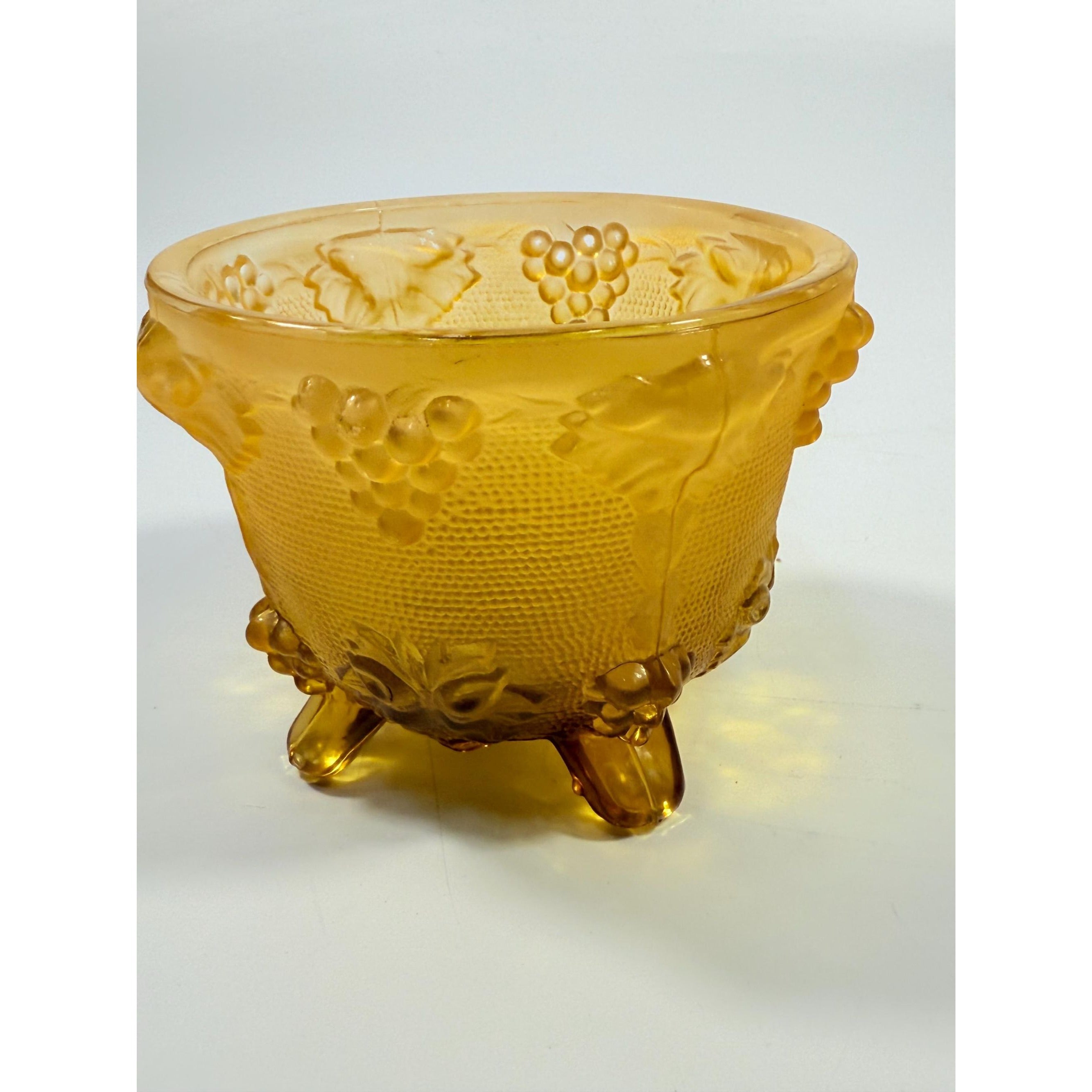 Amber Footed Sugar Candy Dish Jeanette Glass Harvest Grapes and Leaves Covered Dish Orange Glassware Vintage Home Decor Decorative Repoussé