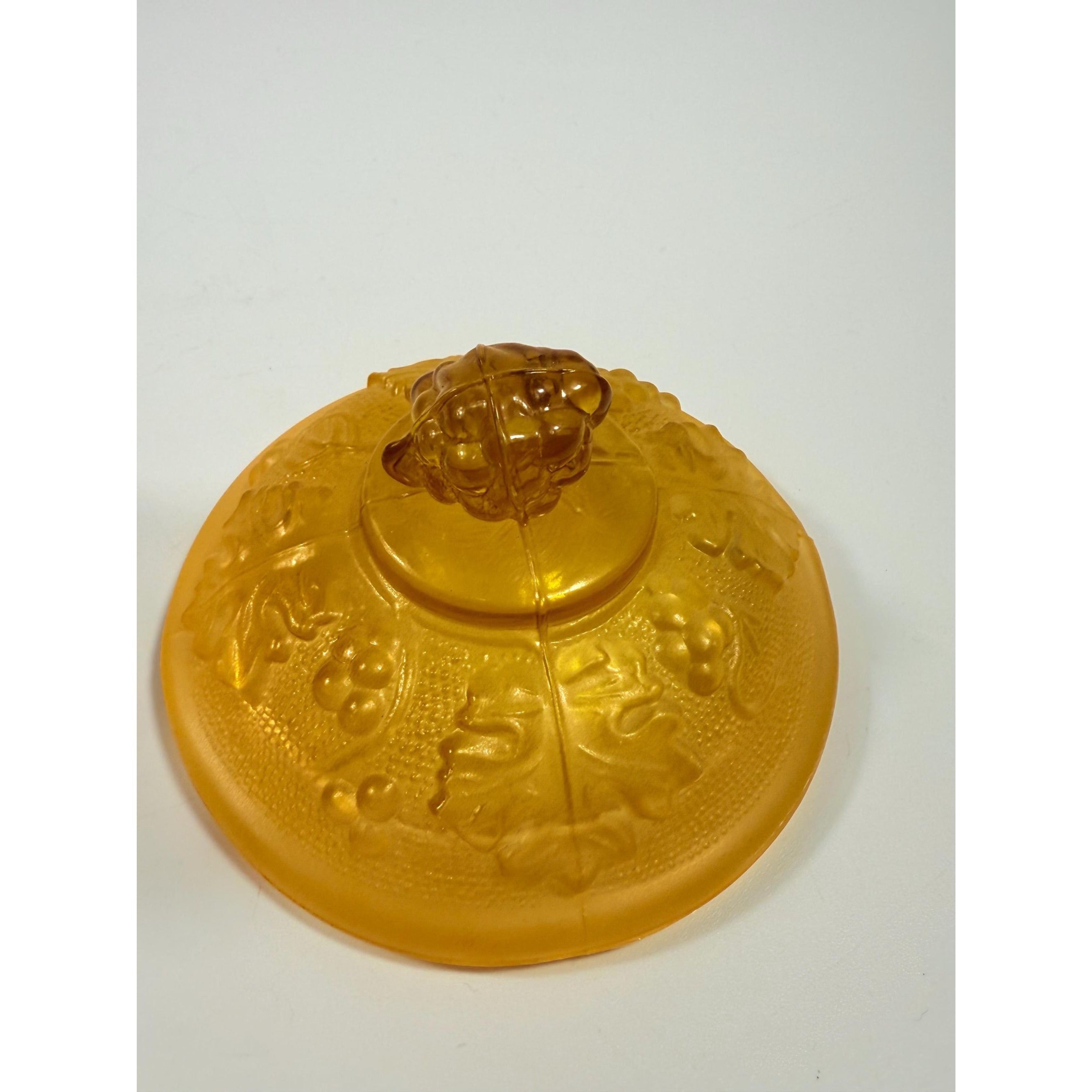 Amber Footed Sugar Candy Dish Jeanette Glass Harvest Grapes and Leaves Covered Dish Orange Glassware Vintage Home Decor Decorative Repoussé