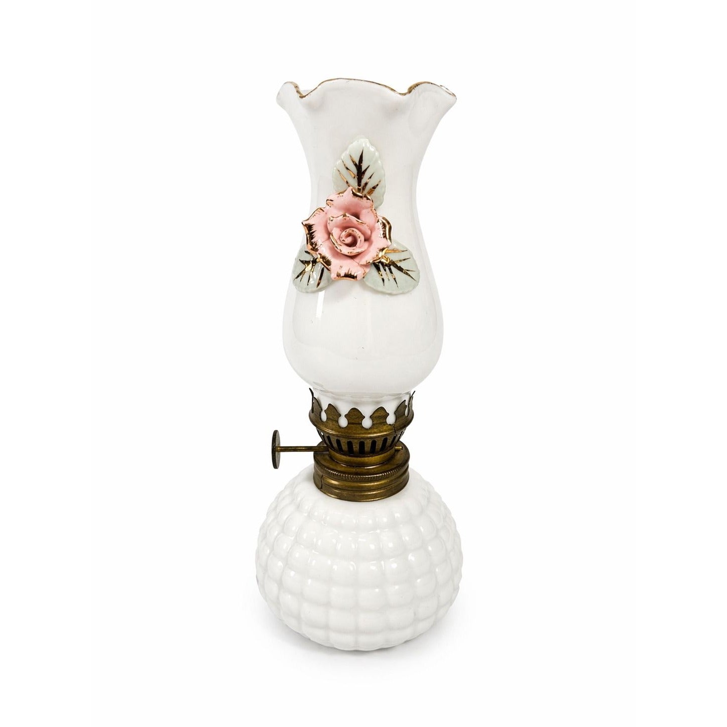 Mini Finger Oil Lamp Porcelain Ceramic Raised Rose Shade Chimney Vintage Home Decor Granny Farmhouse Cottage Core White Hand Painted Flowers
