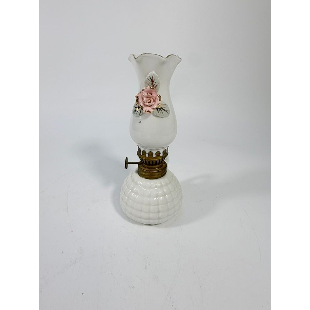 Mini Finger Oil Lamp Porcelain Ceramic Raised Rose Shade Chimney Vintage Home Decor Granny Farmhouse Cottage Core White Hand Painted Flowers