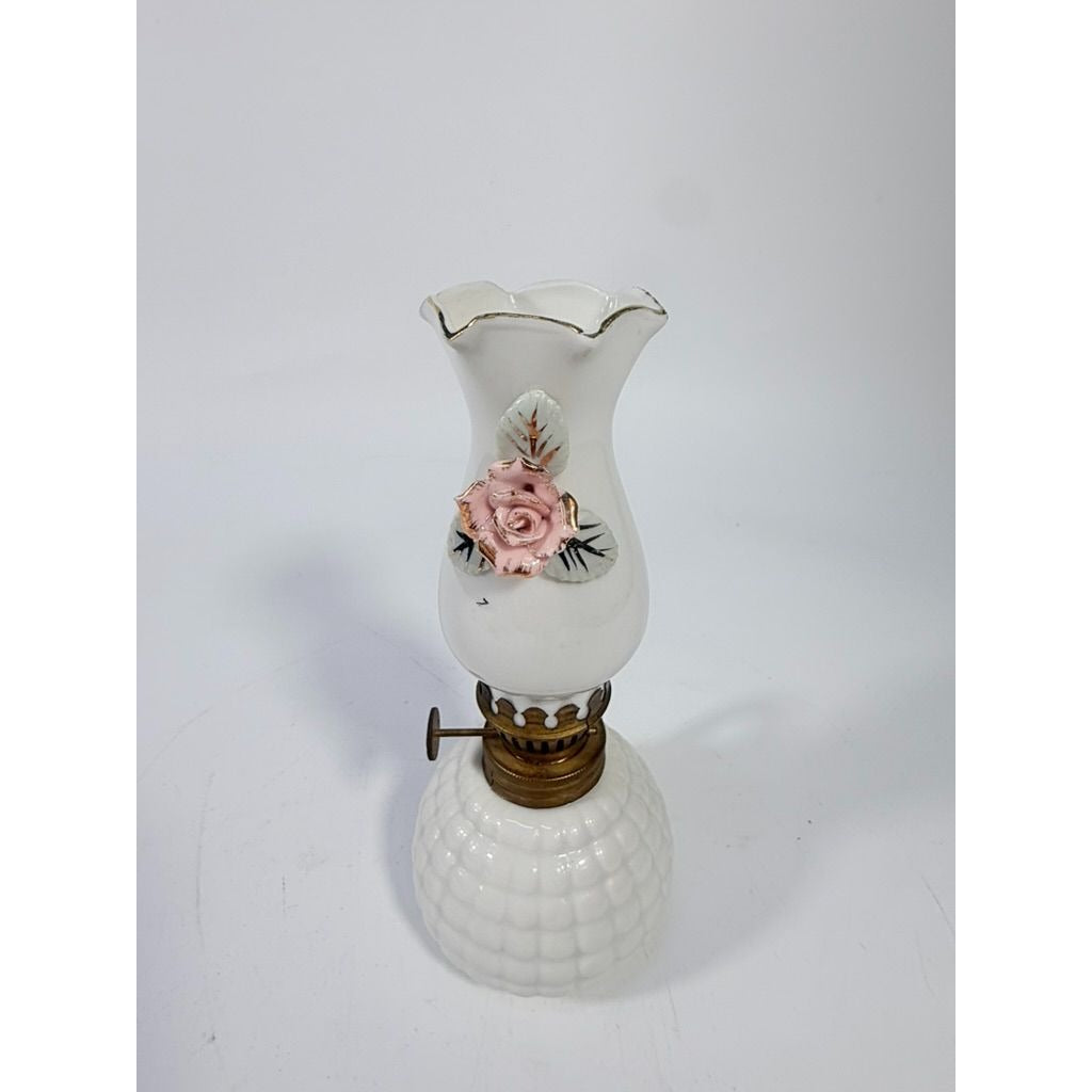 Mini Finger Oil Lamp Porcelain Ceramic Raised Rose Shade Chimney Vintage Home Decor Granny Farmhouse Cottage Core White Hand Painted Flowers
