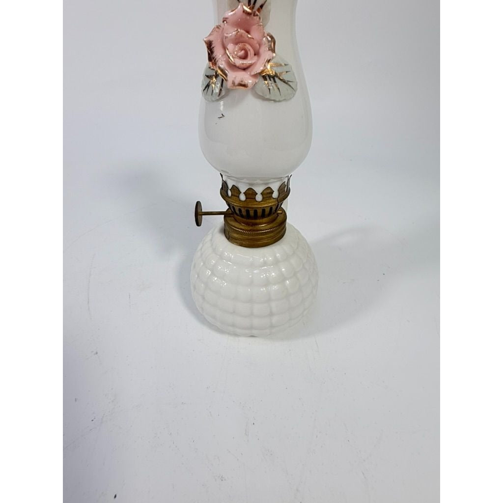 Mini Finger Oil Lamp Porcelain Ceramic Raised Rose Shade Chimney Vintage Home Decor Granny Farmhouse Cottage Core White Hand Painted Flowers