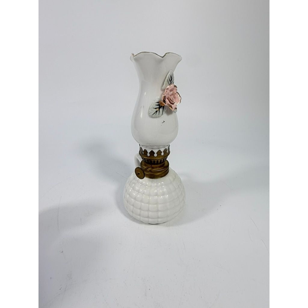Mini Finger Oil Lamp Porcelain Ceramic Raised Rose Shade Chimney Vintage Home Decor Granny Farmhouse Cottage Core White Hand Painted Flowers