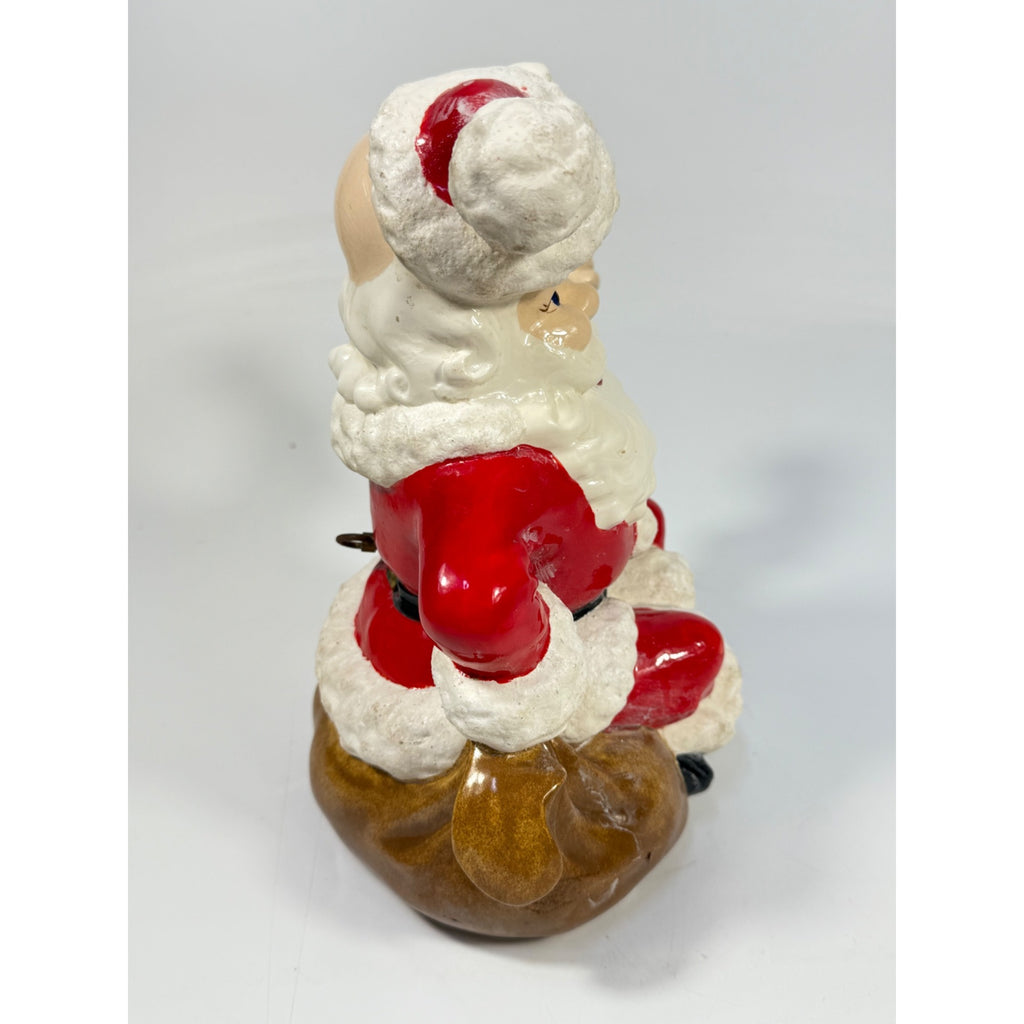 Christmas Santa Claus Figurine Vintage Ceramic  w/ Bell Atlantic Mold Figure 11" Music Box Hand Painted Mid Century Kitchy Jingle Bells