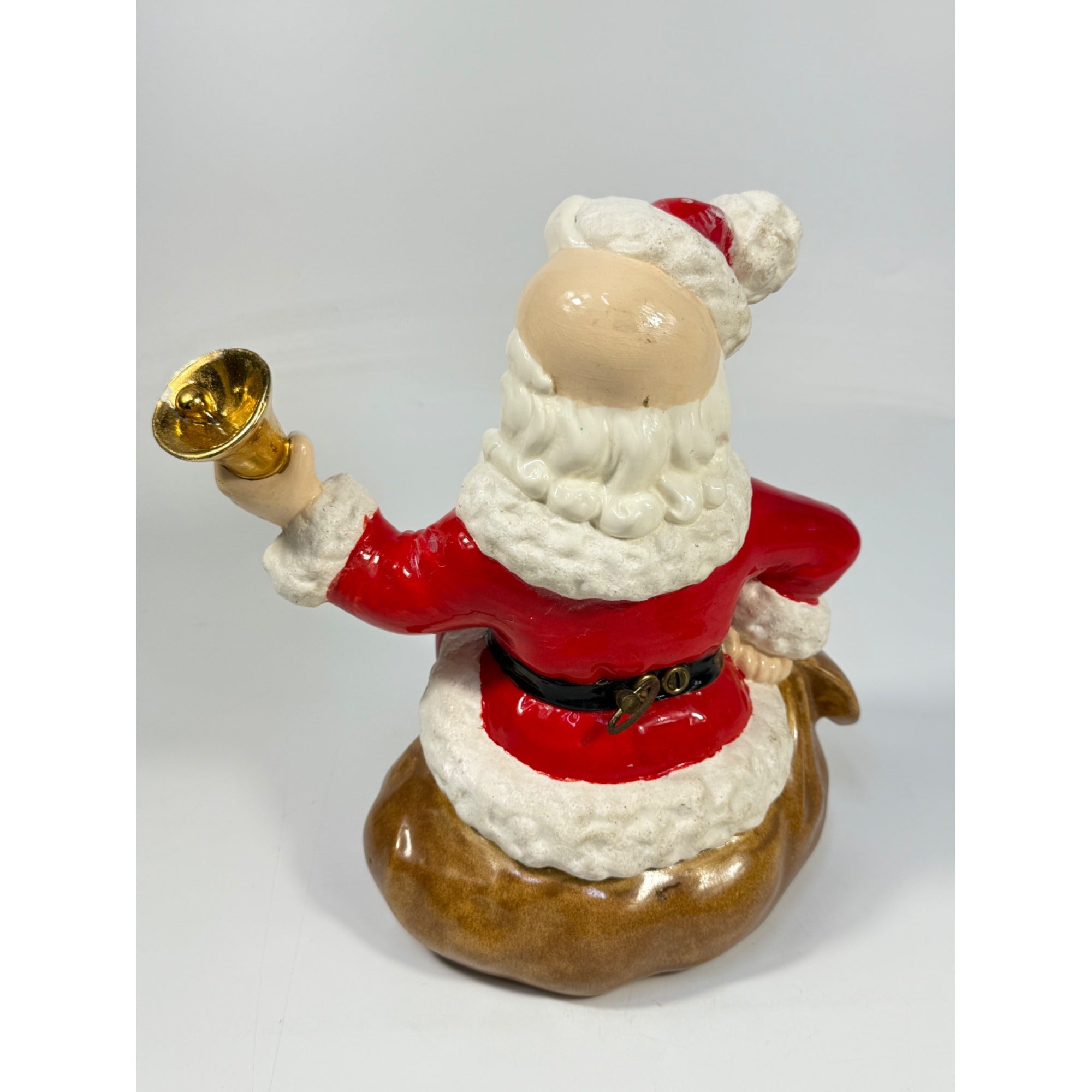 Christmas Santa Claus Figurine Vintage Ceramic  w/ Bell Atlantic Mold Figure 11" Music Box Hand Painted Mid Century Kitchy Jingle Bells