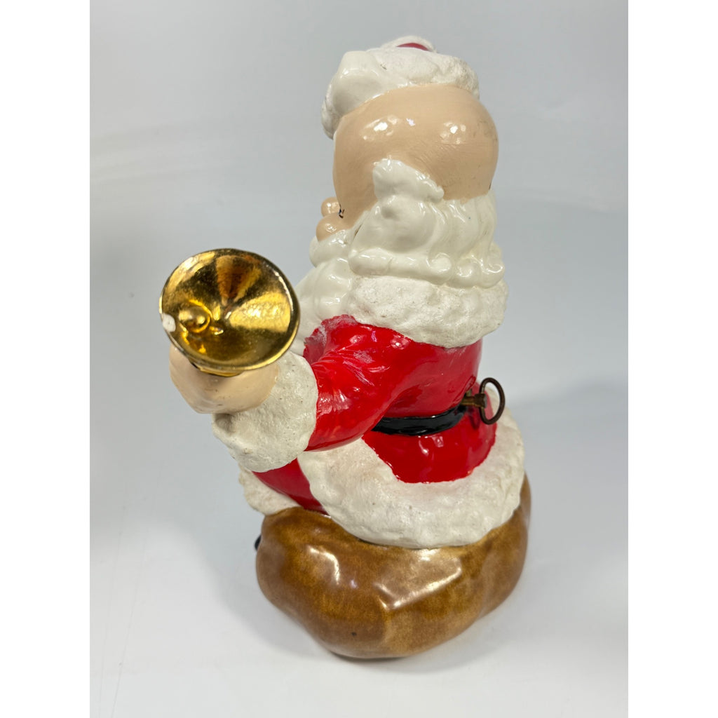 Christmas Santa Claus Figurine Vintage Ceramic  w/ Bell Atlantic Mold Figure 11" Music Box Hand Painted Mid Century Kitchy Jingle Bells