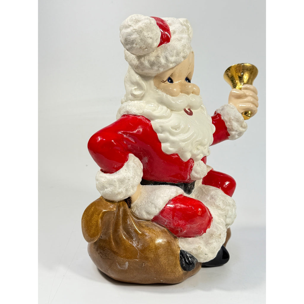 Christmas Santa Claus Figurine Vintage Ceramic  w/ Bell Atlantic Mold Figure 11" Music Box Hand Painted Mid Century Kitchy Jingle Bells