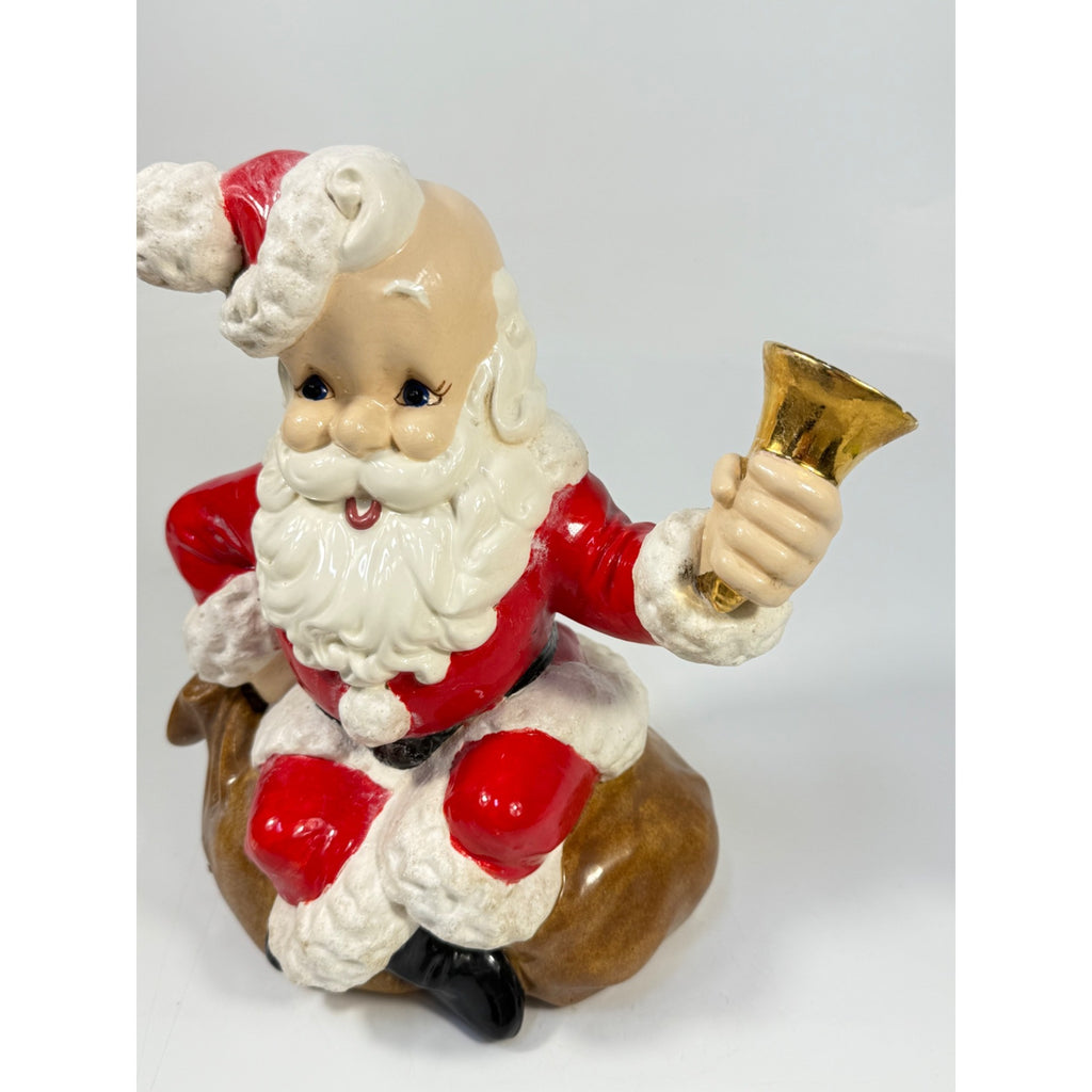 Christmas Santa Claus Figurine Vintage Ceramic  w/ Bell Atlantic Mold Figure 11" Music Box Hand Painted Mid Century Kitchy Jingle Bells