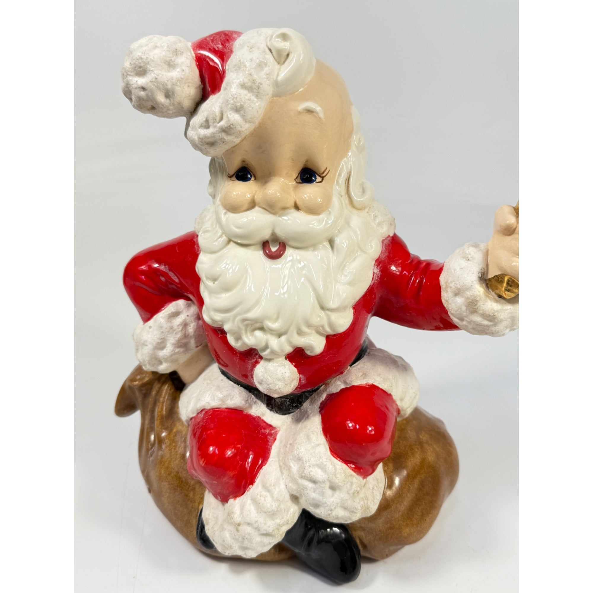Christmas Santa Claus Figurine Vintage Ceramic  w/ Bell Atlantic Mold Figure 11" Music Box Hand Painted Mid Century Kitchy Jingle Bells