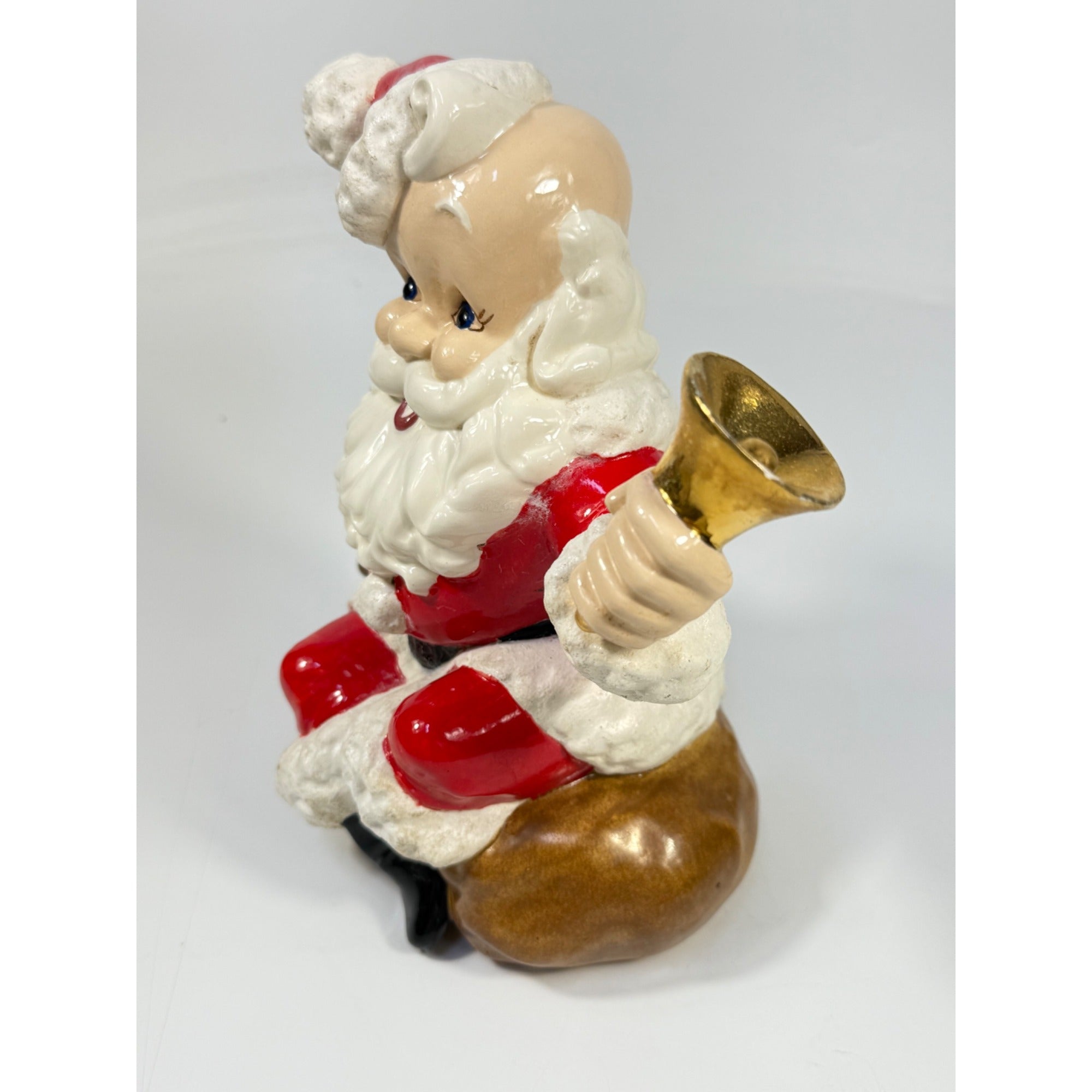 Christmas Santa Claus Figurine Vintage Ceramic  w/ Bell Atlantic Mold Figure 11" Music Box Hand Painted Mid Century Kitchy Jingle Bells