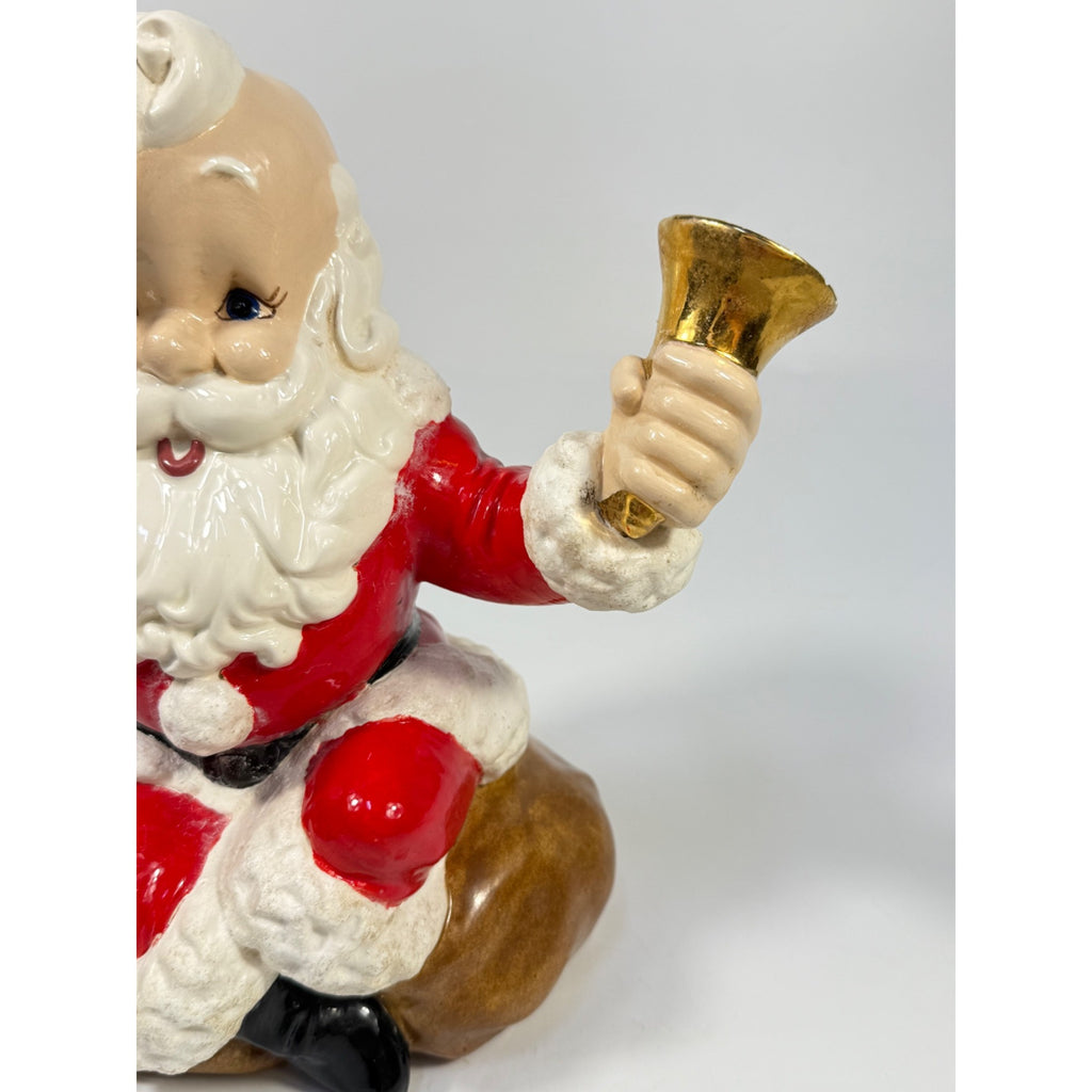 Christmas Santa Claus Figurine Vintage Ceramic  w/ Bell Atlantic Mold Figure 11" Music Box Hand Painted Mid Century Kitchy Jingle Bells