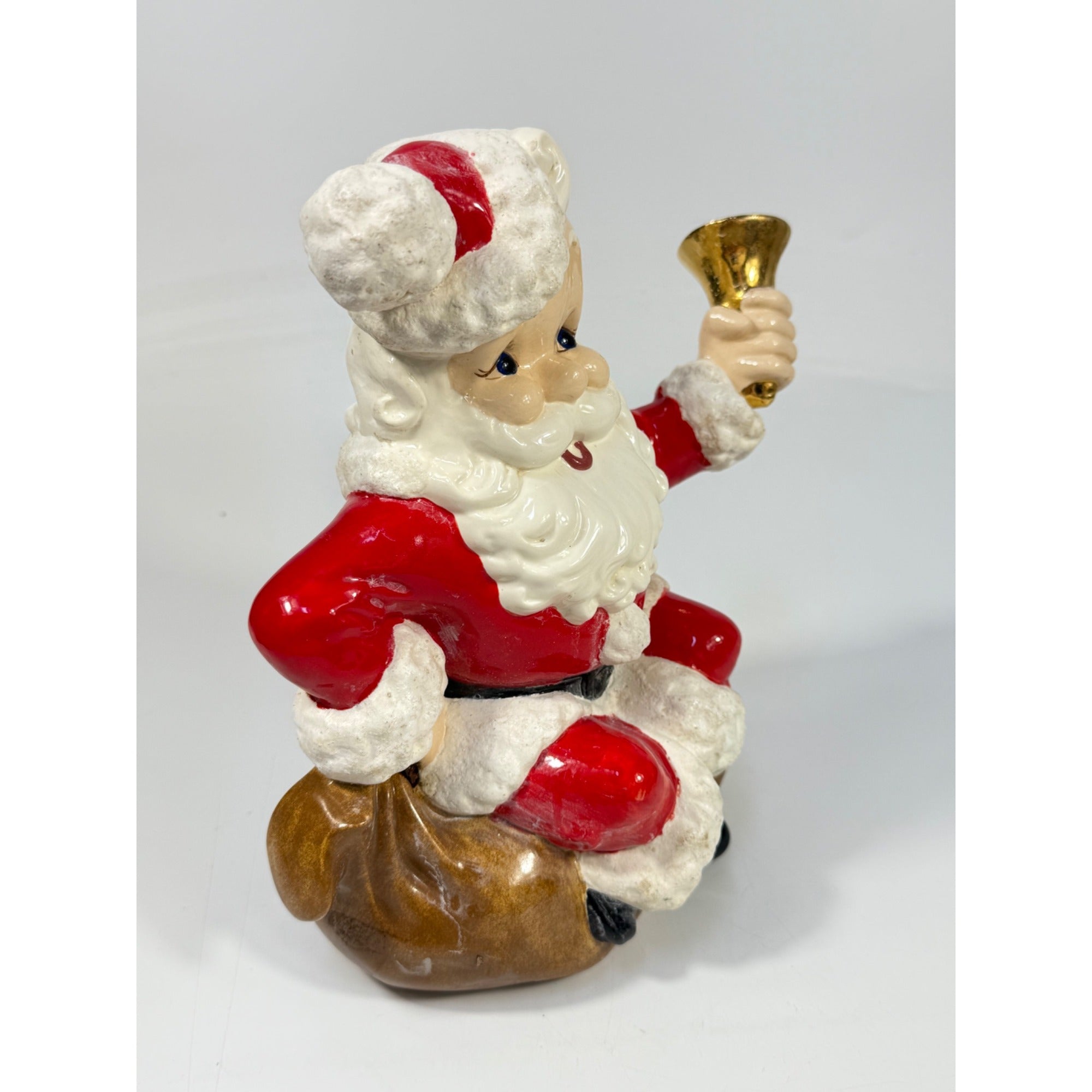 Christmas Santa Claus Figurine Vintage Ceramic  w/ Bell Atlantic Mold Figure 11" Music Box Hand Painted Mid Century Kitchy Jingle Bells