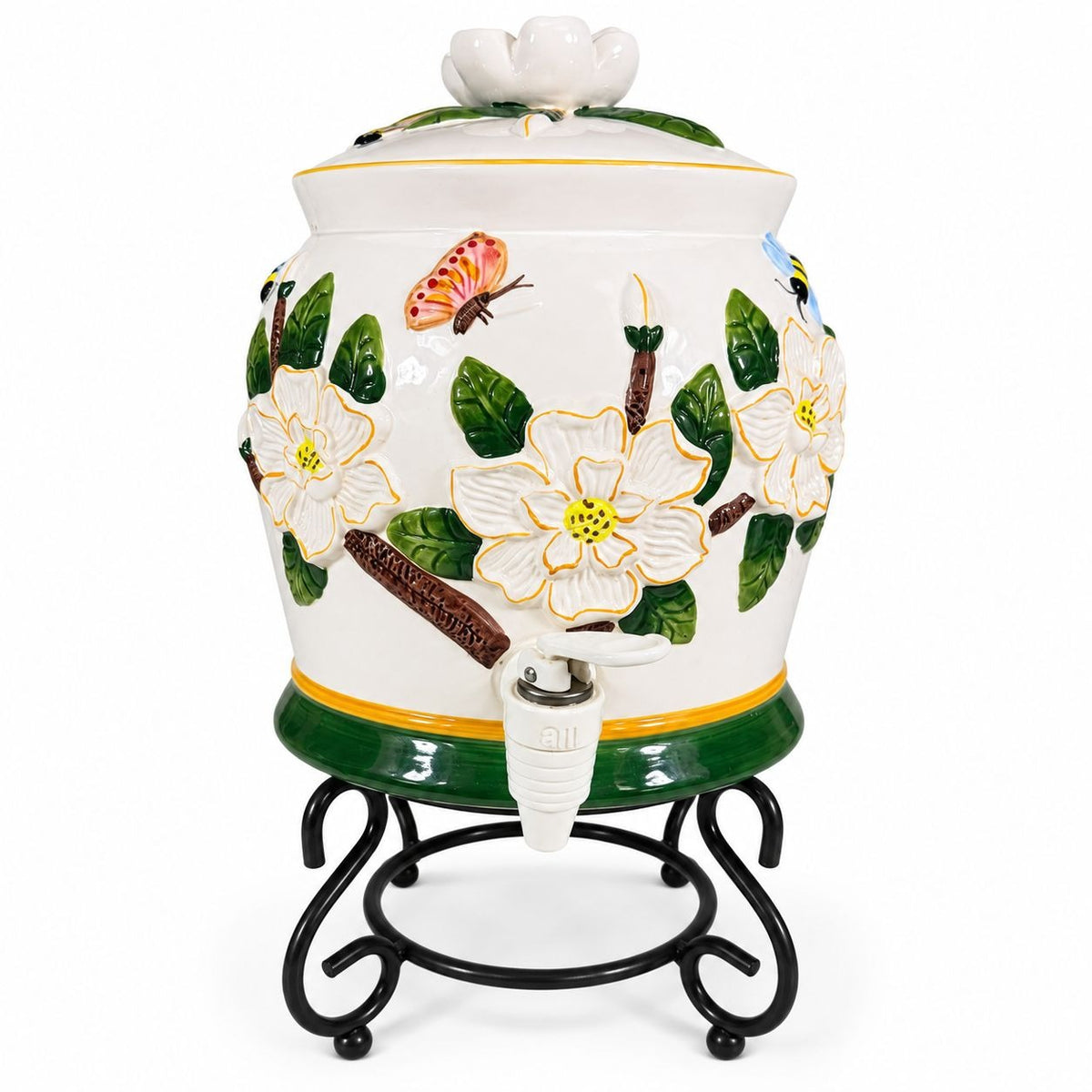 Beverage Dispenser Water Tea CBK Ltd Magnolia Bees Flowers Hand Painted Ceramic Vintage Lemonade Hostess Party Metal Stand Southern