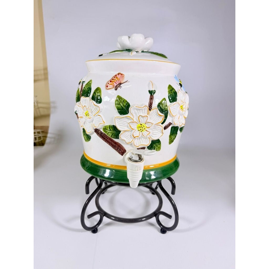 Beverage Dispenser Water Tea CBK Ltd Magnolia Bees Flowers Hand Painted Ceramic Vintage Lemonade Hostess Party Metal Stand Southern