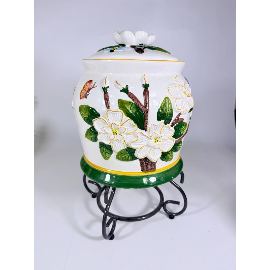 Beverage Dispenser Water Tea CBK Ltd Magnolia Bees Flowers Hand Painted Ceramic Vintage Lemonade Hostess Party Metal Stand Southern