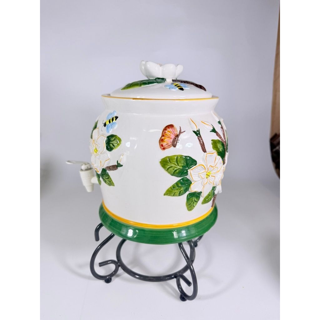 Beverage Dispenser Water Tea CBK Ltd Magnolia Bees Flowers Hand Painted Ceramic Vintage Lemonade Hostess Party Metal Stand Southern
