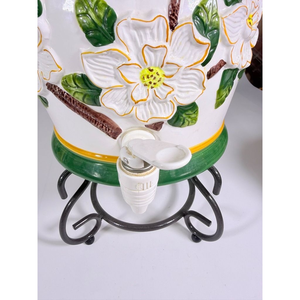 Beverage Dispenser Water Tea CBK Ltd Magnolia Bees Flowers Hand Painted Ceramic Vintage Lemonade Hostess Party Metal Stand Southern
