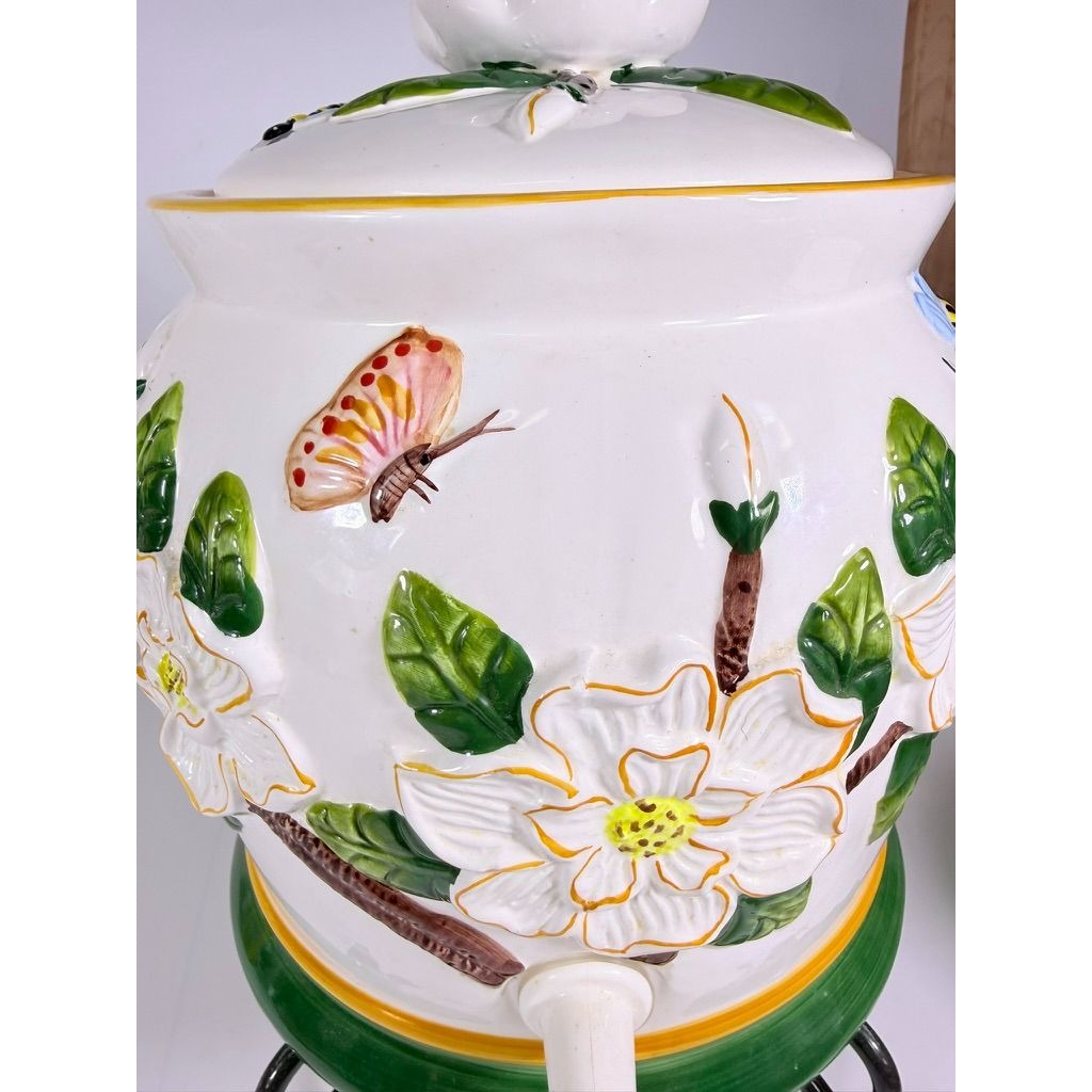 Beverage Dispenser Water Tea CBK Ltd Magnolia Bees Flowers Hand Painted Ceramic Vintage Lemonade Hostess Party Metal Stand Southern
