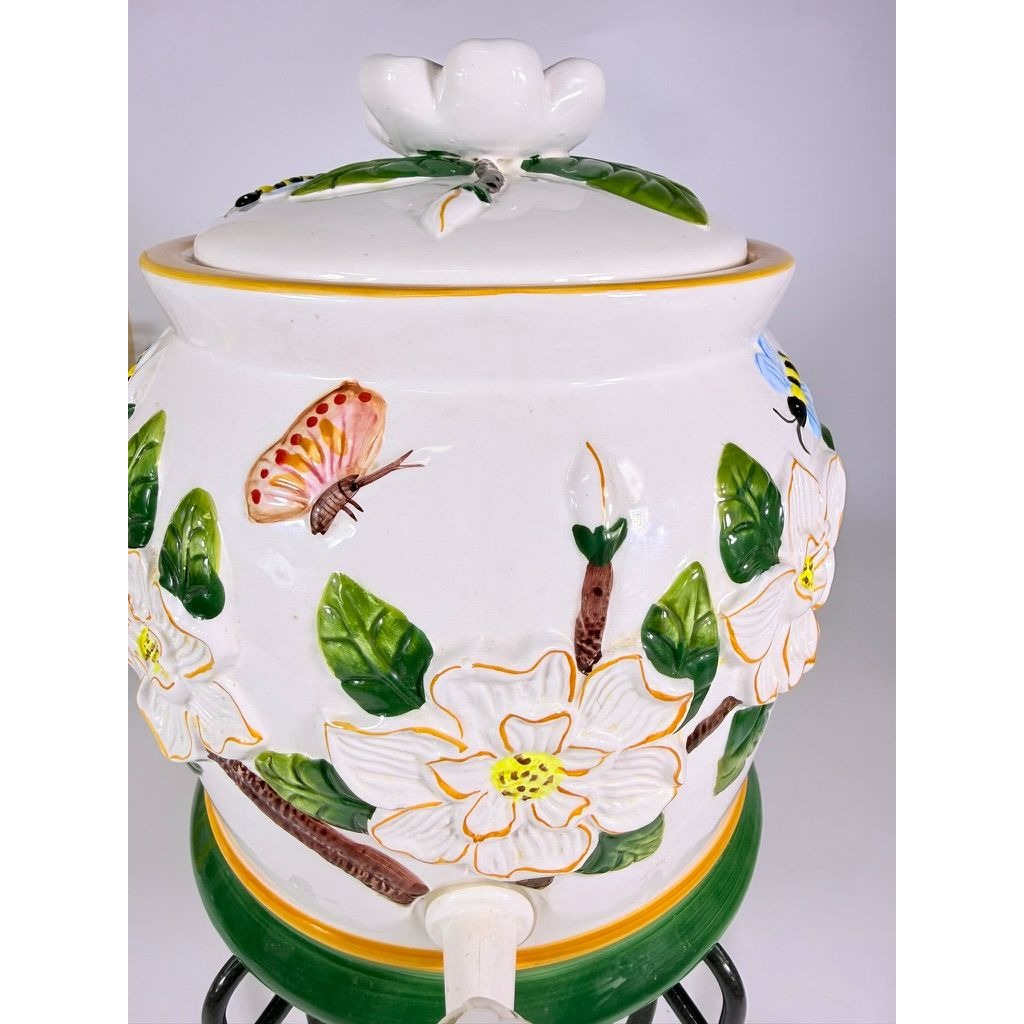 Beverage Dispenser Water Tea CBK Ltd Magnolia Bees Flowers Hand Painted Ceramic Vintage Lemonade Hostess Party Metal Stand Southern