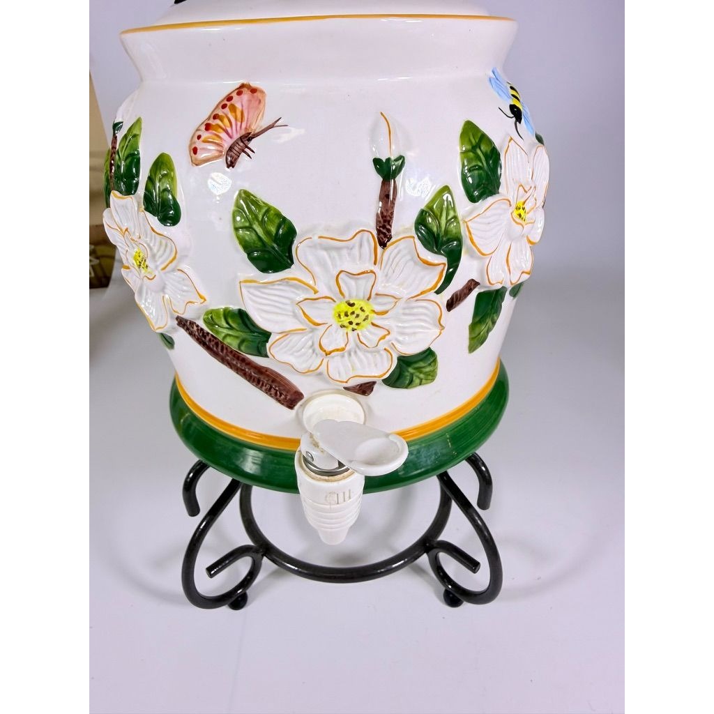 Beverage Dispenser Water Tea CBK Ltd Magnolia Bees Flowers Hand Painted Ceramic Vintage Lemonade Hostess Party Metal Stand Southern