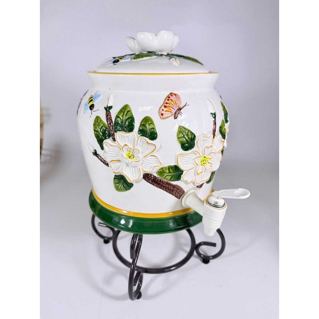 Beverage Dispenser Water Tea CBK Ltd Magnolia Bees Flowers Hand Painted Ceramic Vintage Lemonade Hostess Party Metal Stand Southern