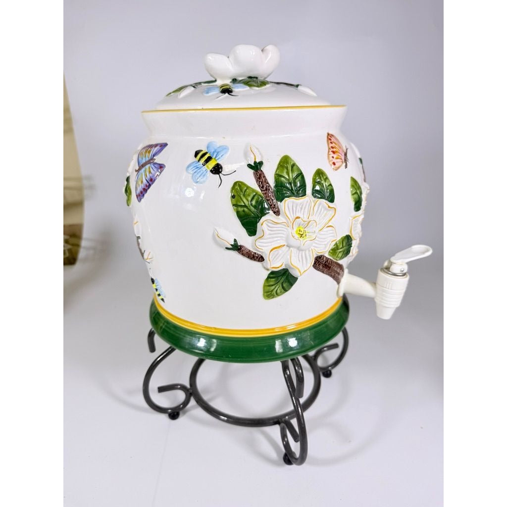 Beverage Dispenser Water Tea CBK Ltd Magnolia Bees Flowers Hand Painted Ceramic Vintage Lemonade Hostess Party Metal Stand Southern