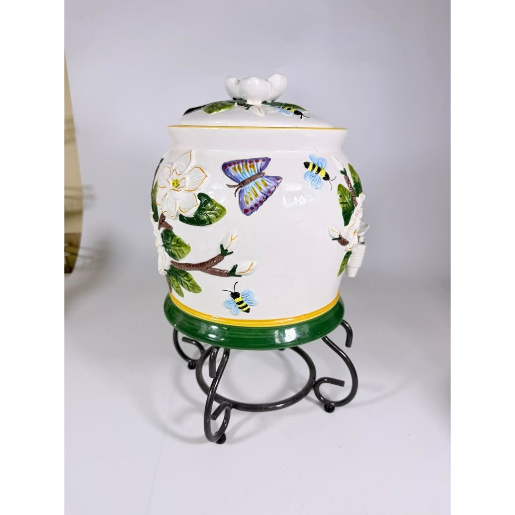 Beverage Dispenser Water Tea CBK Ltd Magnolia Bees Flowers Hand Painted Ceramic Vintage Lemonade Hostess Party Metal Stand Southern