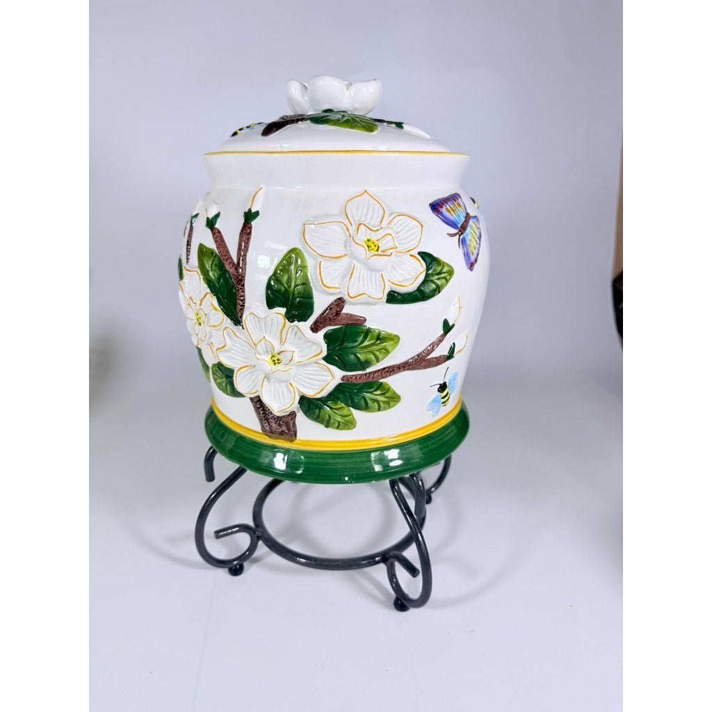 Beverage Dispenser Water Tea CBK Ltd Magnolia Bees Flowers Hand Painted Ceramic Vintage Lemonade Hostess Party Metal Stand Southern