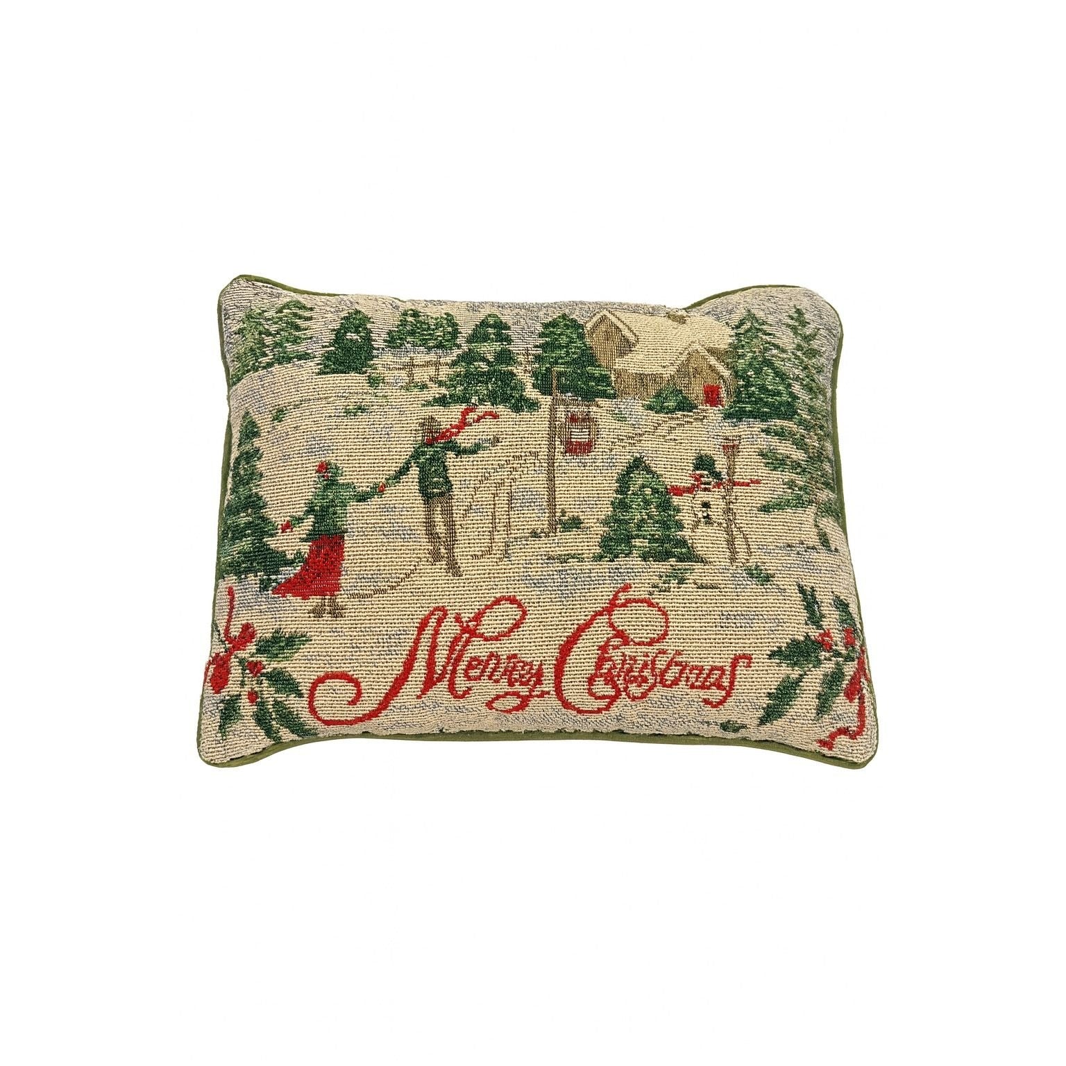 Throw Pillow Merry Christmas Tapestry Victorian Trees Snowman Kids Playing Snow | Holiday Seasonal Decor Decorative Accents Green Back
