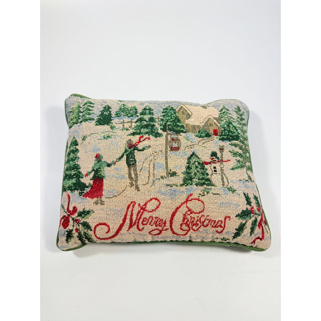 Throw Pillow Merry Christmas Tapestry Victorian Trees Snowman Kids Playing Snow | Holiday Seasonal Decor Decorative Accents Green Back