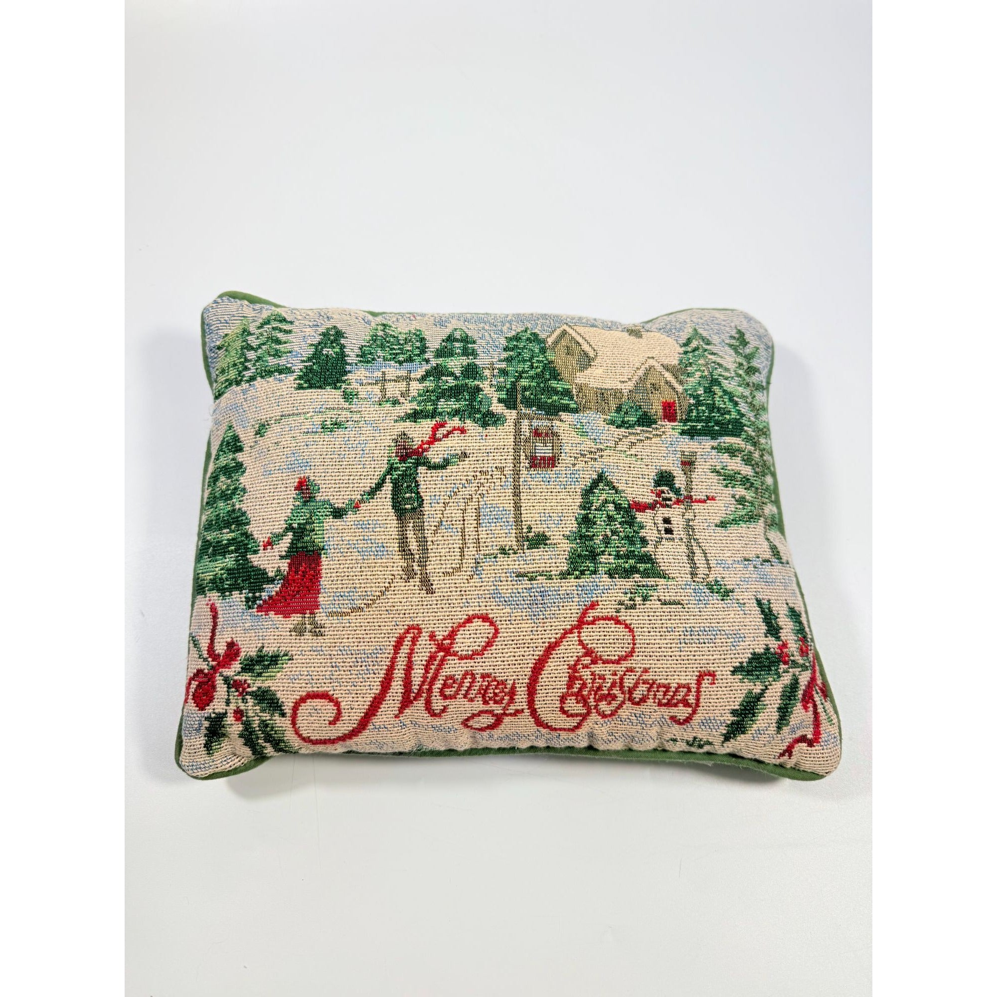 Throw Pillow Merry Christmas Tapestry Victorian Trees Snowman Kids Playing Snow | Holiday Seasonal Decor Decorative Accents Green Back