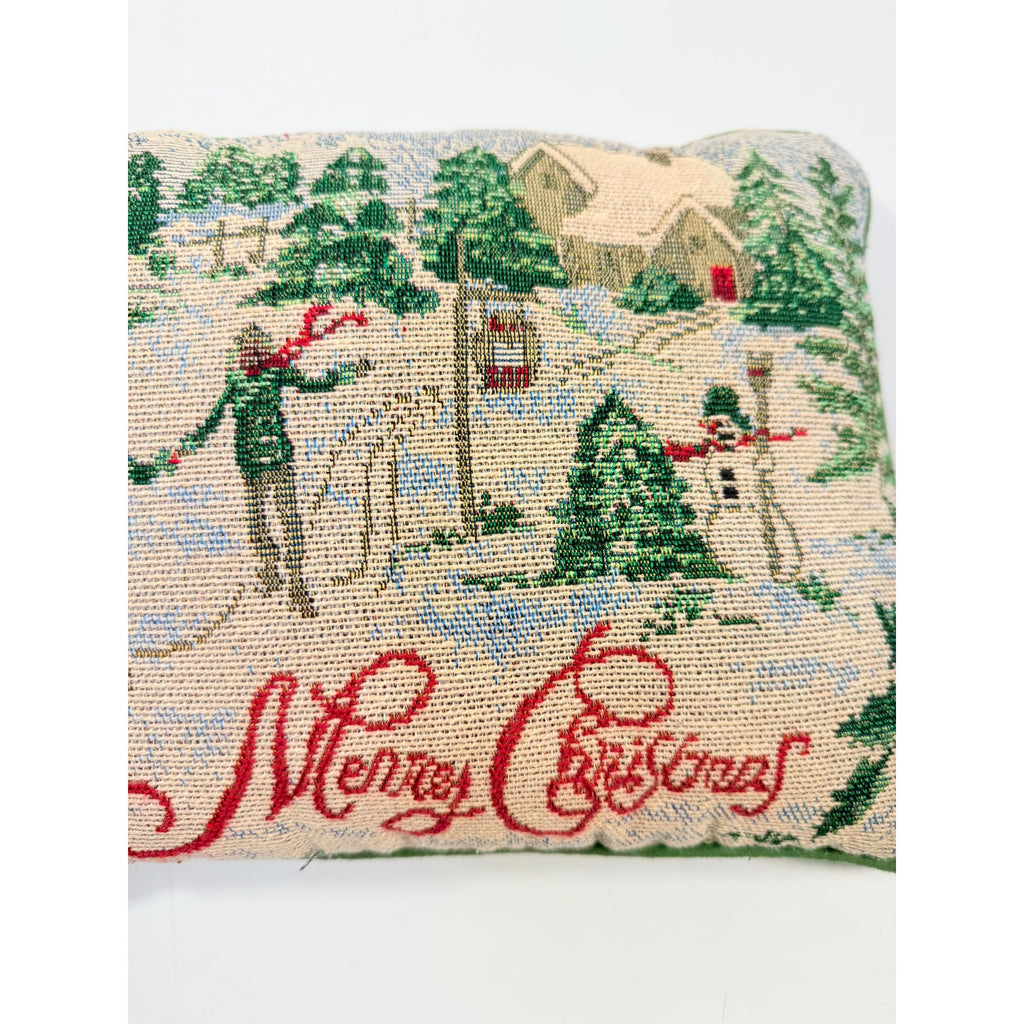 Throw Pillow Merry Christmas Tapestry Victorian Trees Snowman Kids Playing Snow | Holiday Seasonal Decor Decorative Accents Green Back