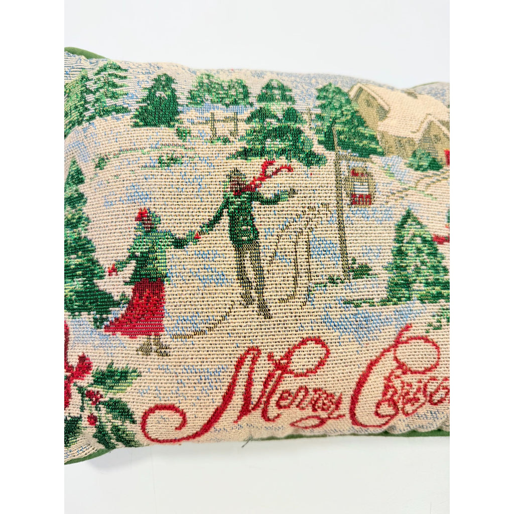 Throw Pillow Merry Christmas Tapestry Victorian Trees Snowman Kids Playing Snow | Holiday Seasonal Decor Decorative Accents Green Back